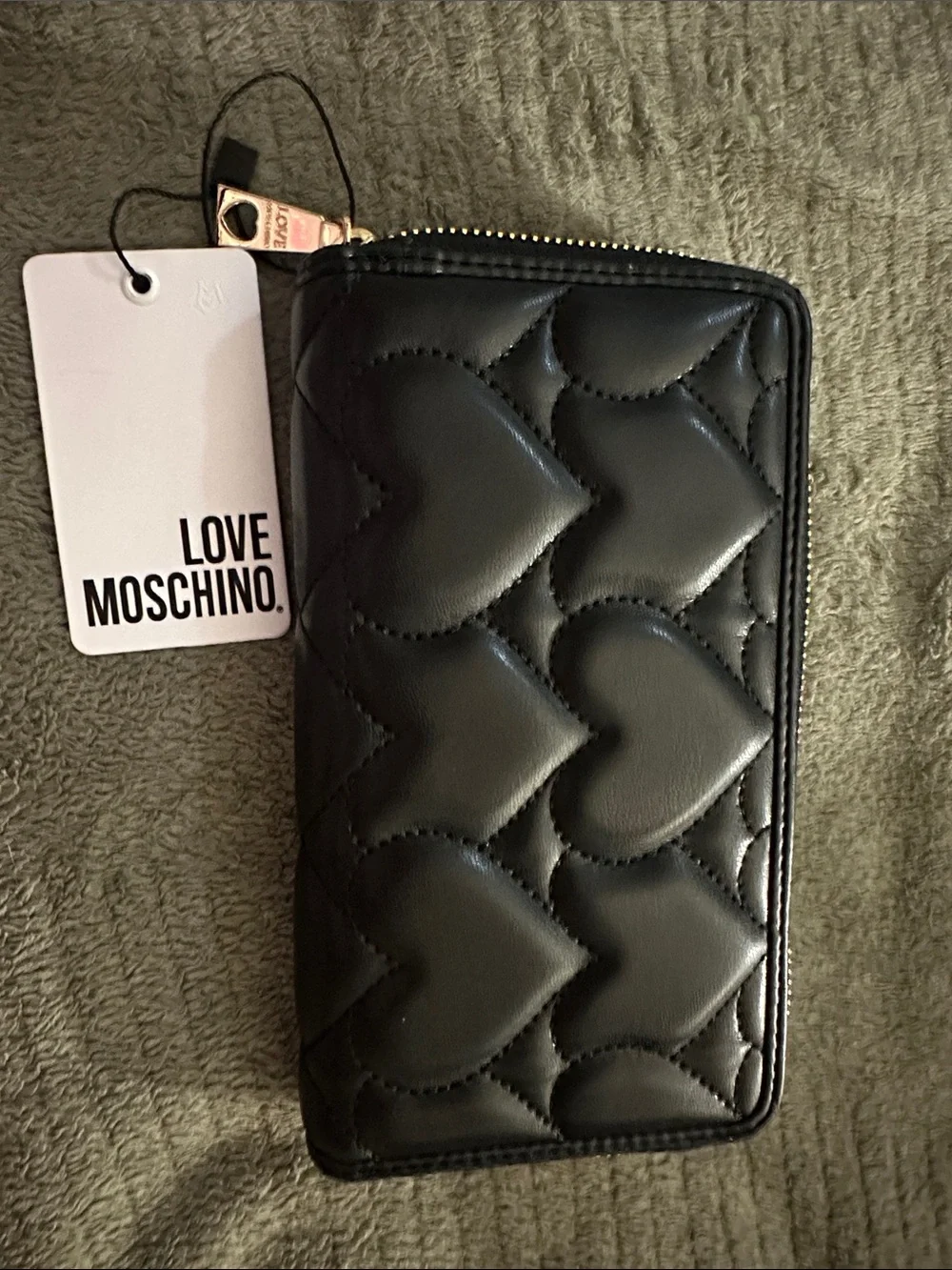 Love Moschino Black Quilted Heart Zip-Around Wallet with Gold Logo
